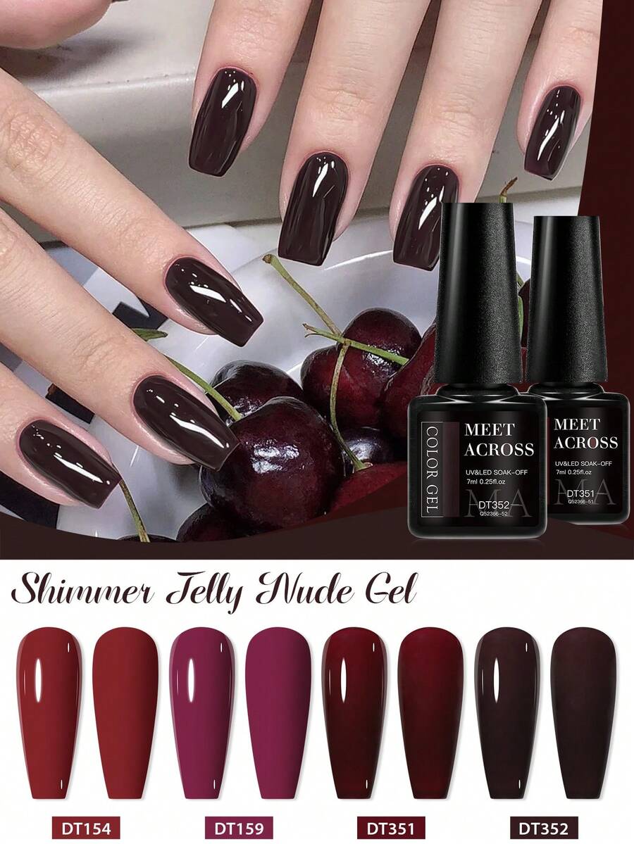 MEET ACROSS 4pcs Wine Red Gel Nail Polish Set , Long Lasting, Lead-Free, HEMA TPO Free, 7ml Semi Permanent Soak Off UV Gel Varnish For Christmas Nails, DIY Nail Art Design All For Decoration, Manicure Painting Gel Vernis Kits For Salon And Home Nail Supplies - 彩色 - 查看 1