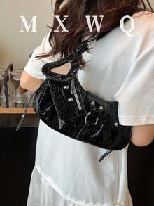 1pc Women's Vintage Moto Rocker Rivet Decor Adjustable Strap Large Capacity Soft Faux Oil Wax Leather Ombre Crossbody Bag, Suitable For Work Commute, Date, Party - Black - View 2