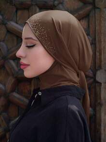 1pc Women's Instant Headscarf, Convenient Tie Headscarf, Solid Color Rhinestone Ramadan Headscarf, Suitable For Ramadan And Daily Wear - Rhinestone Long Neck Hat - View 23