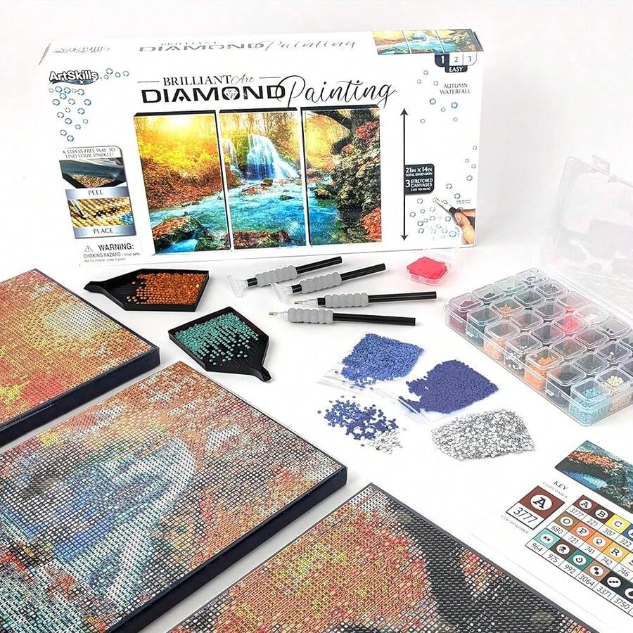 [Free Shipping]Diamond Painting Kit, Diamond Art On Framed Canvas With Gem Storage Case And Accessory Kit, Waterfall, 3 Stretched Canvas Panels, 14" X 7" Each,Waterfall - Air terjun - View 1