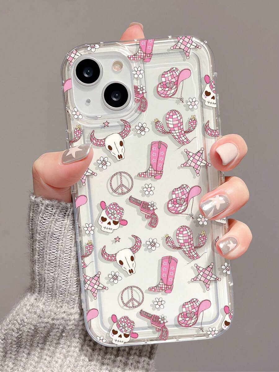 1件装时尚个性化西部骷髅仙人掌牛头图案拼贴美学透明TPU缓冲减震手机壳，兼容 16/16Pro/16Plus/15/15ProMax/15Pro/11/12/13/14ProMax/12Mini/13Mini/11Pro/11ProMax/12Pro/12ProMax/13Pro/13ProMax/14Pro/14ProMax，软壳，高端 - 彩色 - 查看 1