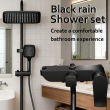 优雅黑色雨淋式花洒系统，四合一壁挂式龙头套装，包含雨淋式花洒头、手持花洒和浴缸出水嘴，哑光表面，强劲水流，带来水疗般的淋浴体验 - 黑色 - 查看 1