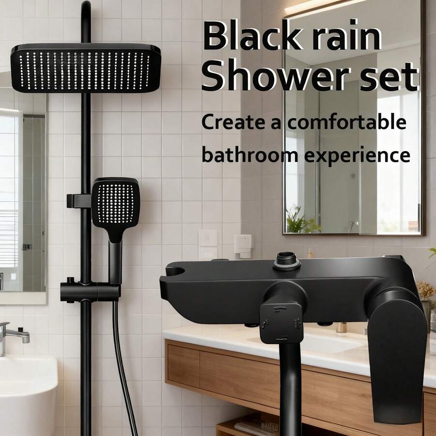 优雅黑色雨淋式花洒系统，四合一壁挂式龙头套装，包含雨淋式花洒头、手持花洒和浴缸出水嘴，哑光表面，强劲水流，带来水疗般的淋浴体验 - 黑色 - 查看 1