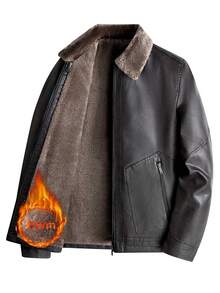 Men's Jacket, Warm Thermal Lined Faux Leather Jacket, Casual Lapel PU Leather Coat For Autumn/Winter - Coffee Brown - View 2