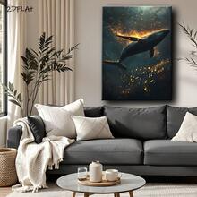 Arte de pared en lienzo enmarcado 2D plano - Pintura de ballena y ola del océano en dorado - Impresión de lienzo envuelta en borde de madera clásico - Póster listo para colgar para decoración de sala de estar, dormitorio, oficina - Idea de regalo de decoración costera - transparente - Ver 1
