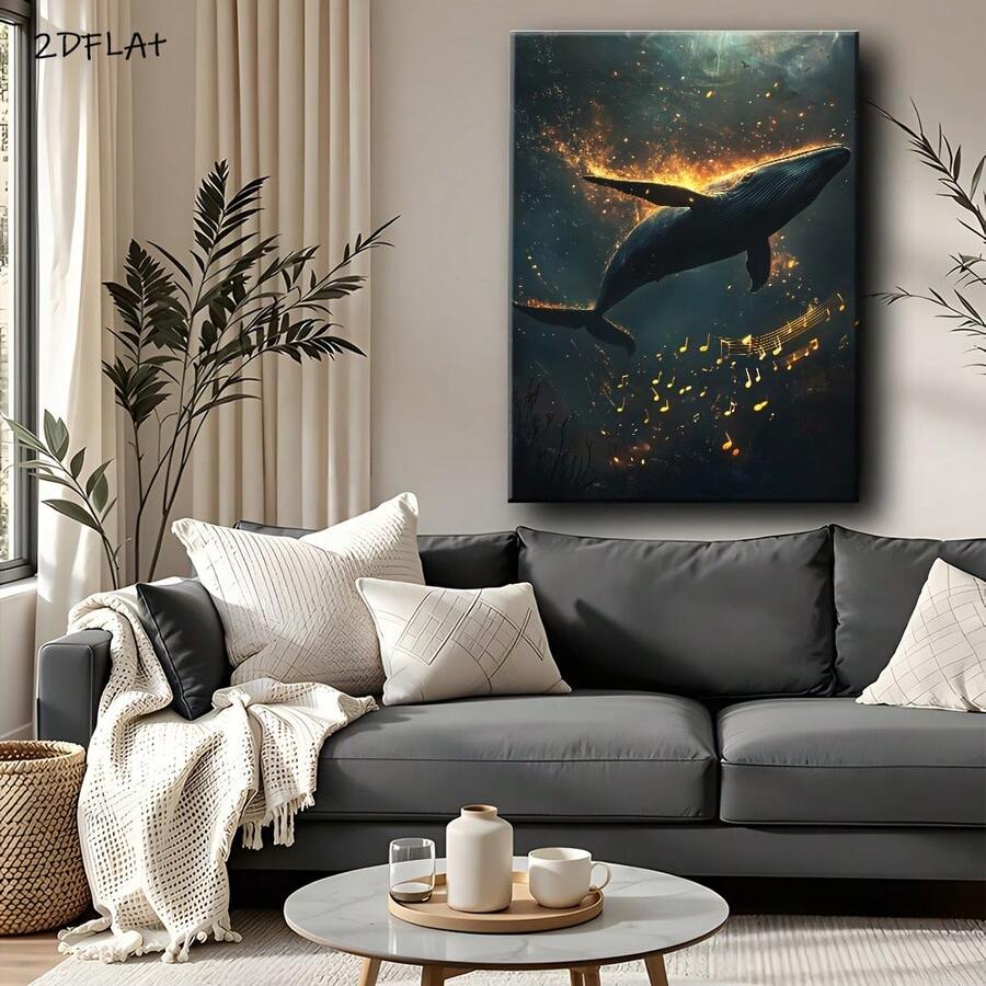Arte de pared en lienzo enmarcado 2D plano - Pintura de ballena y ola del océano en dorado - Impresión de lienzo envuelta en borde de madera clásico - Póster listo para colgar para decoración de sala de estar, dormitorio, oficina - Idea de regalo de decoración costera - transparente - Ver 1