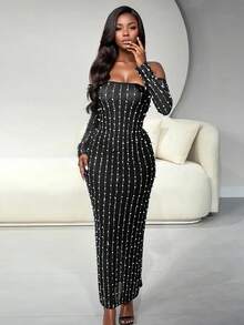 Off-Shoulder Slit Bodycon Dress – Sparkling Stretch Mermaid Gown, Slim For Club Party, Date Night & Evening Glam