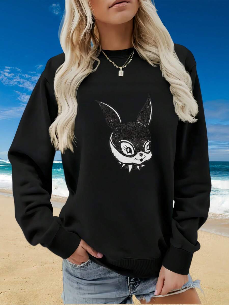 Women Crewneck Sweatshirt Black Fox Animal Print Casual Beach Wear - White - View 1