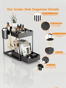 Brodark 1 pieza Organizador deslizante de varios niveles, Organizador de almacenamiento extraíble de 2 niveles - Cajón de gran capacidad y resistente, Organizador debajo del fregadero, Almacenamiento de gabinete, Estante de cocina, Ahorro de espacio, Diseño expandible, Fácil de limpiar, Baño/Cocina/Lavandería, Hogar ordenado, Color: Negro, Material: Plástico - Negro - Ver 7