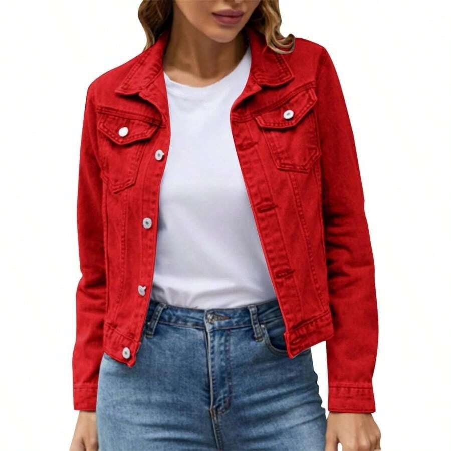 Chaqueta vaquera mujer, chaqueta vaquera mujer, con botones, manga larga y bolsillos, ligera, corta, de mezclilla, a. - 02rojo + G - Ver 1