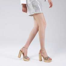 Elisabet Tang 4IN Rhinstone Square Toe Platform Strappy Chunky Block Dressy Heeled Sandals Sparkly Lizard Pattern Leather Heels For Evening PromChristmas - 紫色 - 查看 7