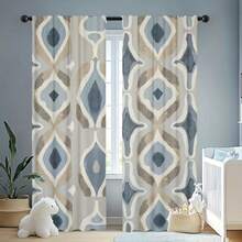 Conjunto de 2 Cortinas Boêmias com Estampa Geométrica em Grade - Design Moderno com Bolsa para Varão, Padrões em Azul e Bege, Perfeitas para Decoração de Quarto, Sala de Estar ou Escritório, Fibra de Poliéster, Laváveis à Máquina, Cortinas Versáteis para Sala de Estar - Multicolorido - Ver 4