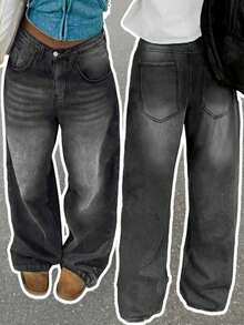 Gray American Retro Wide-Leg Jeans For Women 2025 Autumn New Ripple Drape Loose Straight Floor-Length Pants