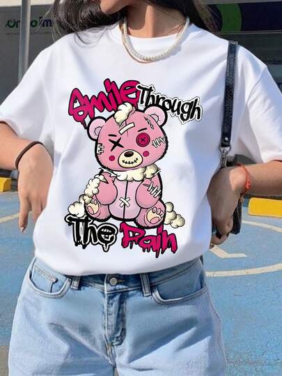 1 pieza Camiseta de manga corta con estampado de oso rasgado para niñas, tela suave y amigable con la piel, estilo casual de verano
