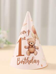 6pcs Brown Bear 1st Birthday Party Paper Party Hats, Celebrate First Birthday Paper Party Hat, Brown Balloon Bear 1st Birthday Design Birthday Hat For Birthday Party Decoration, 1st Birthday Party Photo Decoration Props, 1st Birthday Party Hat Decorative Supplies, Babe Shower Party Accessories Decoration Hats,Baby Shower Gift,Babe Shower Decor,1st Birthday Gifts,Gender Reveal Decor,Birthday Decor - Brown Bear 1st Birthday - View 3