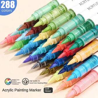 Languo 9 Color Set Direct Liquid Acrylic Marker Pens, Soft Head Large Capacity Simple Macaron Skin Color Gray Brown Colorful Black Coloring Book Filler Pen Student Painting Cartoon Cartoon Character Color Pen Color Impermeable Paper Art Diy Graffiti Painting Color Paintbrush Stone Glass Ceramic Metal Available Marker 126 Colors