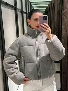女士秋冬针织棉外套，时尚新款长袖立领拉链短款外套，优雅女士上衣 - 灰色 - 查看 1