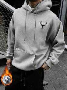 男士休闲街头鹿头及英文标语印花连帽卫衣，秋冬款，长袖上衣 - 灰色 - 查看 1
