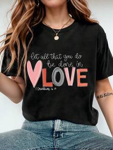 Let All That You Do Be Done In Love 3 Female European And American Style Long-Sleeved T-Shirt; Versatile Short-Sleeved For Summer. - Black - View 6