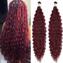 Burgundy Curly Wavy Braiding Hair Pre Stretched Boho Hair For Braiding Deep Ocean Wave Crochet Hair Water Deep Wave Boho Curls Bohemian Braids Hair Extensions 24 Inch 2 Packs,BurgundyBohoCurls2Packs - 勃根地波西米亞捲髮2件裝 - 查看 2