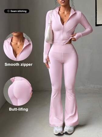 Aoqta Sports Women's Two Pieces Fall Outdoor Fitness Running Solid Color Long Sleeve Zipper Top And Slim High Waisted Pants Yoga New Year Pink Set