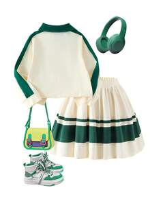 2pcs Girls Casual Sports Style Chic Numeric Print Polo Shirt & Skirt Set, Spring/Autumn