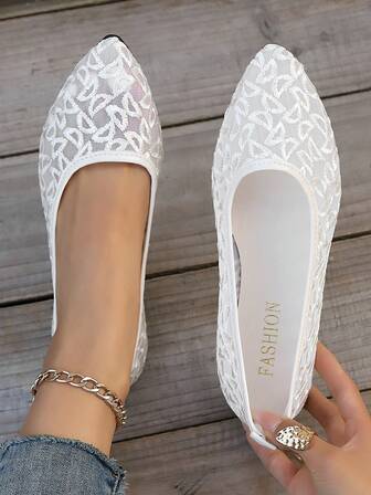 女士时尚尖头法式花卉印花透气网眼鞋面可爱优雅公主风格一脚蹬平底鞋，百搭连衣裙、裤子、休闲装、通勤装、户外装，舒适透气尖头芭蕾平底鞋