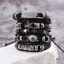 5pcs DIY Braided Skull Bead & Leather Bracelet Set, Punk Style - Black - View 5