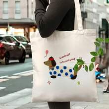 Brandxyja Cute Lucky Dachshund Pattern Tote Bag - Large Capacity Black And White Canvas Shoulder Bag With Dachshund Puppy, Balloon And Bone Patterns, Reusable Gift For Dog Lovers And Dachshund Owners (15.7x 13.7inch ), Canvas Tote Bag, Reusable Shopping Bag, Shopping Bag, Women's Handbag, Shopping Bag - trắng - Xem 7