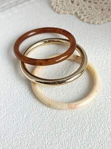 3pcs/Set Fashionable Elegant Exaggerated Retro Acrylic Bangle Bracelet Set With Gold CCB Bracelet, Simple Design, Suitable For Daily And Party Wear, All Seasons
