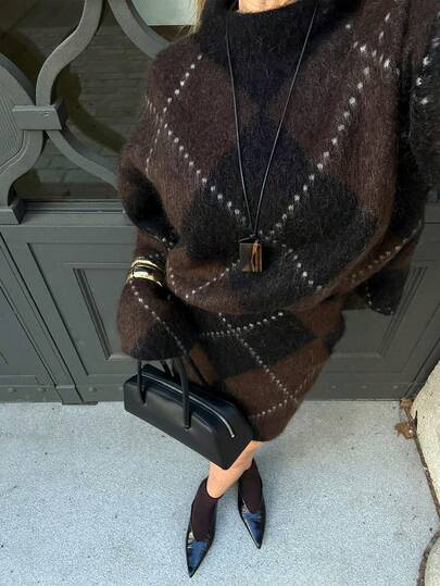 Ensemble jupe en maille ample à imprimé décontracté pour femmes en automne et hiver