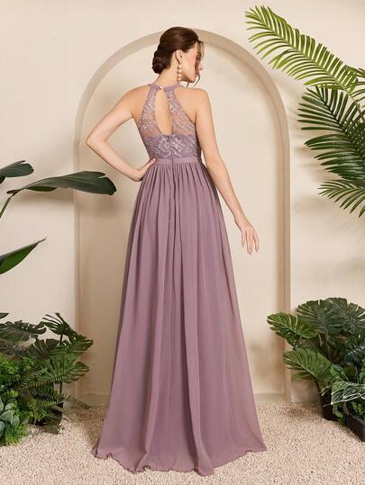 Mgiacy-Pop, New Arrival, Halter Neck, Halter ,Solid Color ,Bridesmaid Dress ,Contrast Lace, Chiffon ,Long Dress