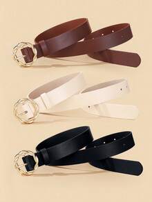 3pcs Braided Round Buckle Versatile PU Leather Belt For Women, Suitable For Everyday Wear - Multicolor - View 2