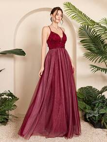 Mgiacy-Pop,New Arrival,A V-Neck Sexy,Graduation Dress, With A Three-Dimensional Floral, Embroidered ,Patchwork Mesh,Contrasting Colors - Burgundy - View 5