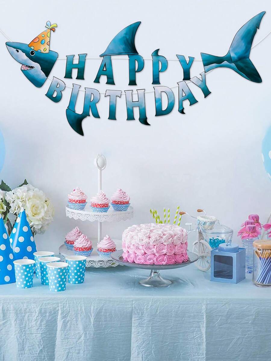 一套外星鲨鱼生日纸质横幅，浅蓝色鲨鱼生日字母悬挂横幅，鲨鱼海洋主题背景横幅，家居装饰，婴儿派对装饰，一周岁生日派对装饰用品，婴儿派对礼物，男孩派对鲨鱼装饰 - 鯊魚 - 查看 1