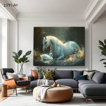 Arte de pared en lienzo 2D plano, elegante de caballo blanco y cisne - pintura clásica con marco de madera, colores pastel serenos (beige, azul, verde, dorado) - decoración para el hogar interior/exterior - transparente - Ver 7