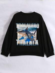 青少年男孩休闲海洋风格鲨鱼图案圆领长袖运动衫秋冬学生男孩衣服 - 黑色 - 查看 2