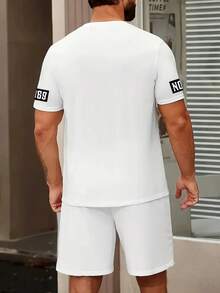 Men's White T-Shirt And Sports Shorts Set, With Prominent Letter And B Pattern Print Design - Multicolor - View 4