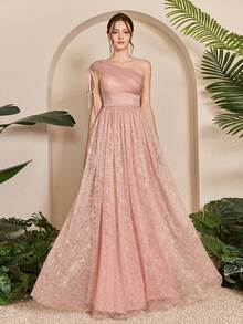 Mgiacy-流行单肩系带网眼褶皱拼布刺绣蕾丝大摆伴娘长裙 - 粉色 - 查看 1