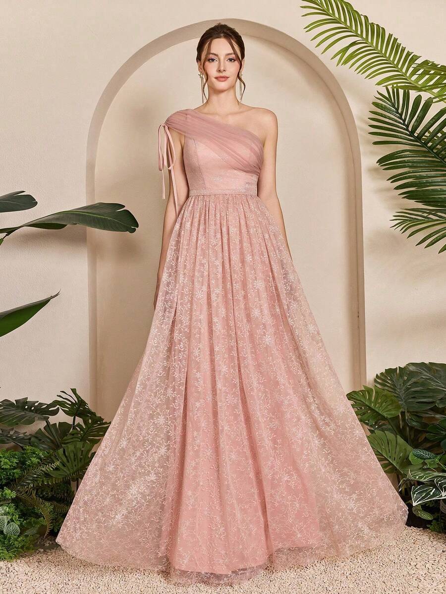 Mgiacy-流行单肩系带网眼褶皱拼布刺绣蕾丝大摆伴娘长裙 - 粉色 - 查看 1