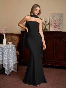 PARTHEA Women's Elegant Solid Color Mermaid Maxi Dress, Off-Shoulder Shawl Collar Design, Backless Fitted Gown Party - Black - View 7