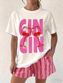 Camiseta gráfica con estampado de brindis de martini, camiseta de cuello redondo casual de manga corta para mujer, ropa de otoño para mujeres de vuelta al colegio