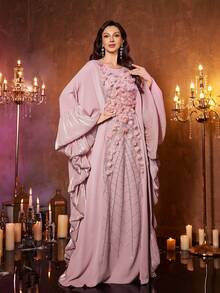 UNITHORSE Women's [Random Cut] Stand Collar Batwing Sleeve Maxi New Luxury High-End Elegant Sequin Lace Patchwork Matte Satin Women's Dress - Pink - View 5