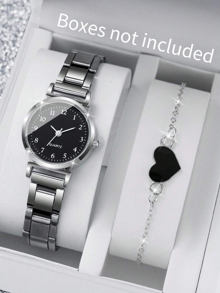 2 Stücke/Set Damen Mode minimalistische Uhr mit kleinem Ziffernblatt Quarzuhr + Armband - Silber - Übersicht 1
