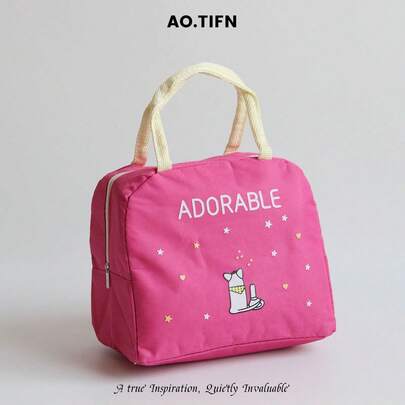 1pc Retro Cartoon Print Handbag, Minimalist Design, Fashion Versatile, Large Capacity, With Insulated Aluminum Foil Layer