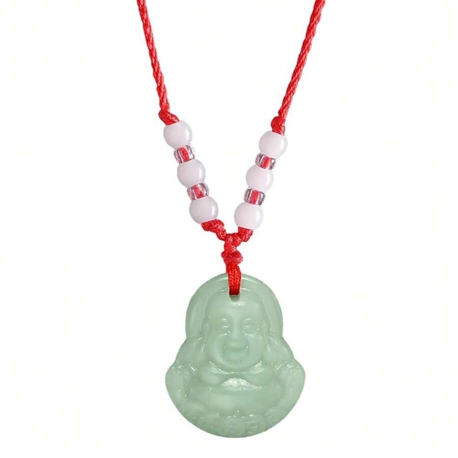 FORUBUS Green Jade Buddha Circle Red String Pendant Necklace - Chinese Traditional Amulet For Luck And Protection,Blightgreenbuddha - 枯萎綠佛 - 查看 1