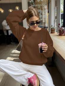FOR BEAUTY Women's Casual Loose Fit Crew Neck Long Sleeve Knit Sweater, Coffee Color, Minimalist Design, New Year Edition, Autumn/Winter