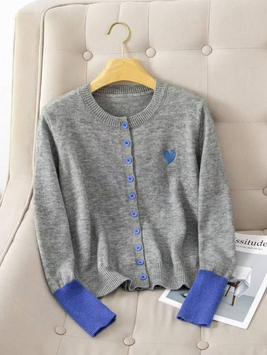 Áo khoác len cardigan màu tương phản chắp vá mềm mại dành cho nữ, thời trang và đa năng cho mùa thu/đông - Màu xanh lam - Xem 1