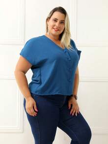 Plus Size Blouse, Sizes 46 To 50, Covered Button - Blågrön - Visa 5