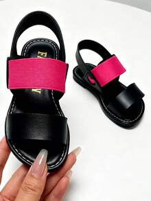 2024 Summer New Girls' Casual Hook And Loop Sandals, Black & Red Versatile Soft Bottom Open Toe Sandals, Essential For Beach Vacation & Daily Wear, Popular Children's Fashion Sandals, Soft Bottom Won't Rub Feet - Black - View 2